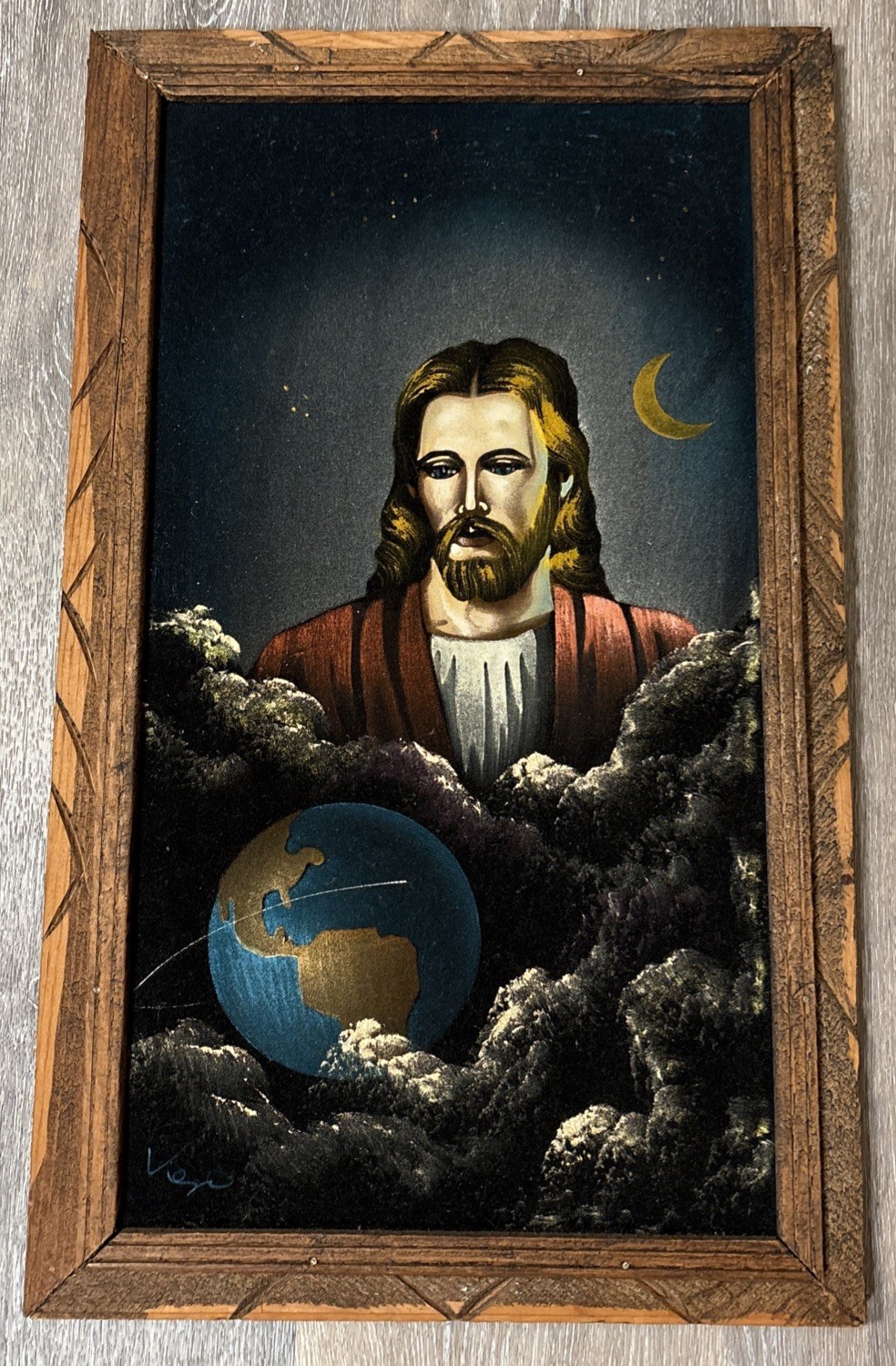 Vintage Jesus Watching World Wood Framed Art - Religious Black Velvet Painting 