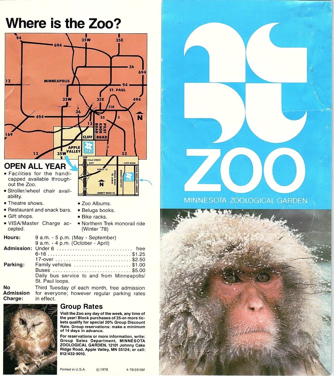 Minnesota Zoological Garden 1978 Vintage Travel Leaflet 4A11