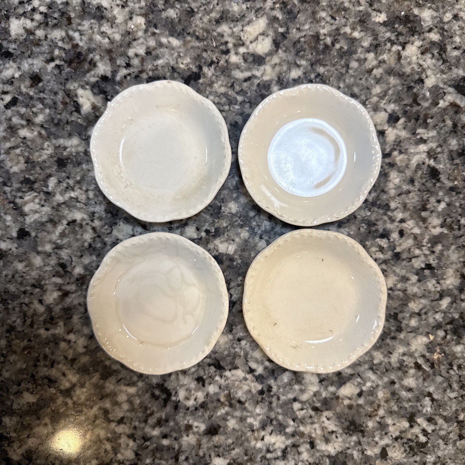 4 Old Vintage Johnson & Bros White/Beige Ironstone BUTTER PATS  Stained Crazed