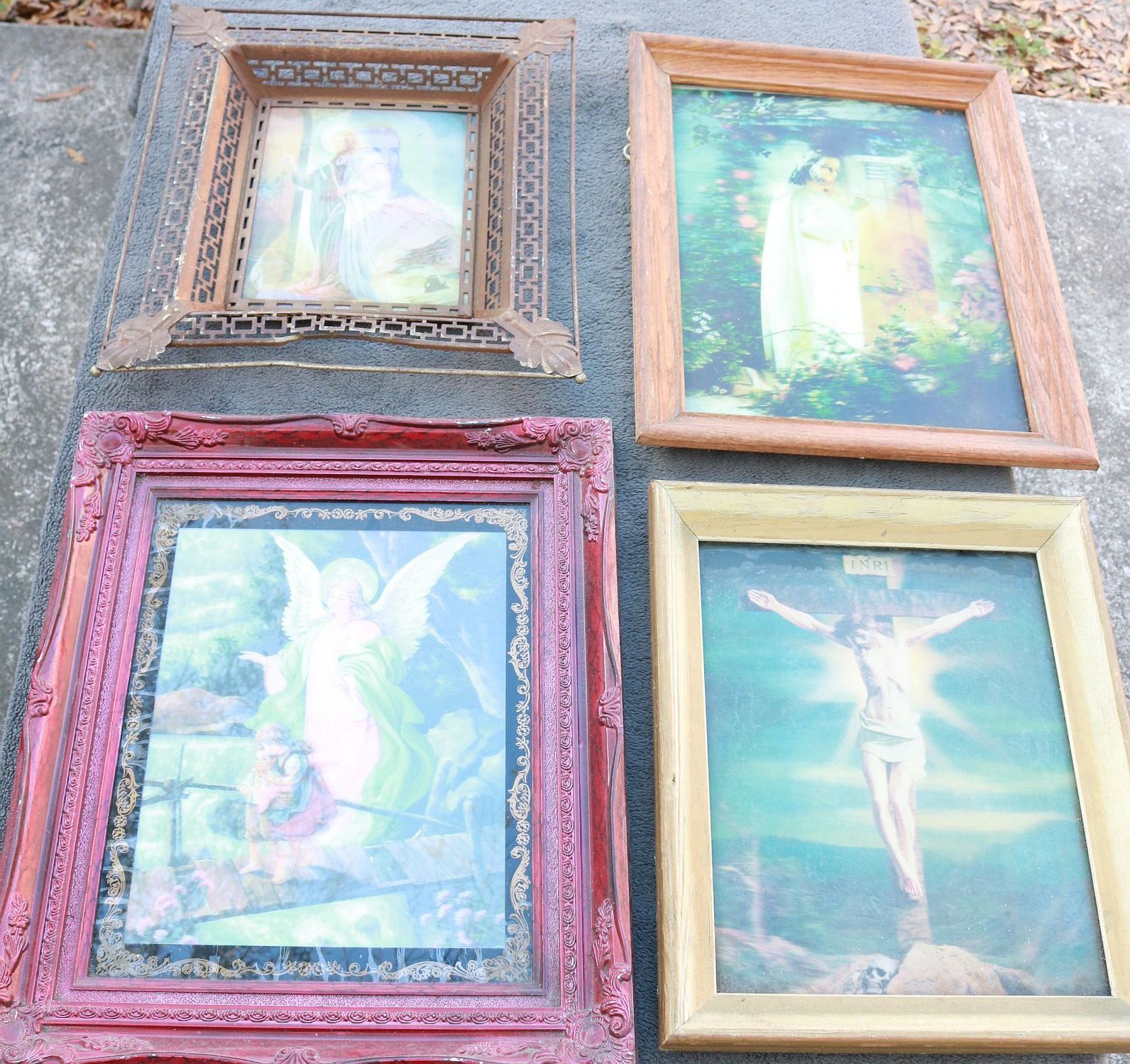 Lot OLD 3d LENTICULAR Prints Framed Antique Vintage Religious Christian DEEP OS