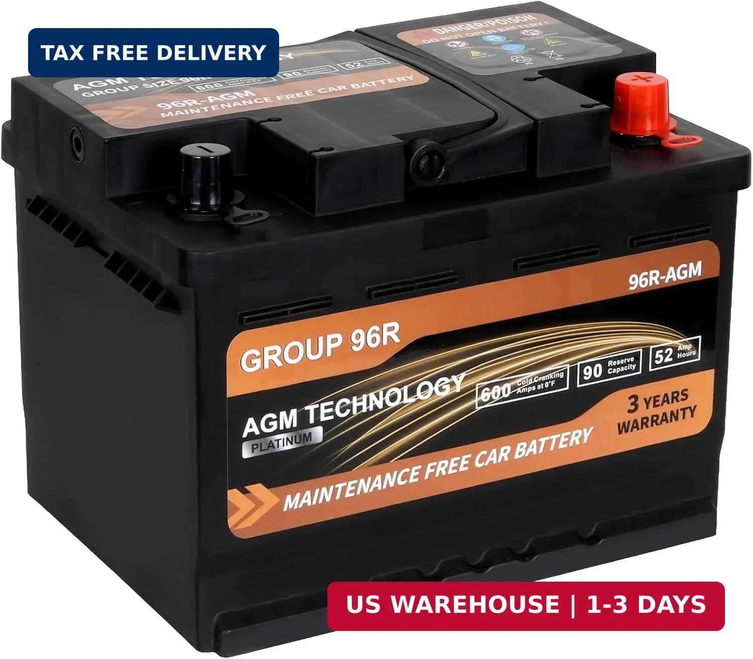 Platinum AGM Car Battery Group Size 96R, 12V 52Ah, 600 CCA, 90 RC, Rechargeable