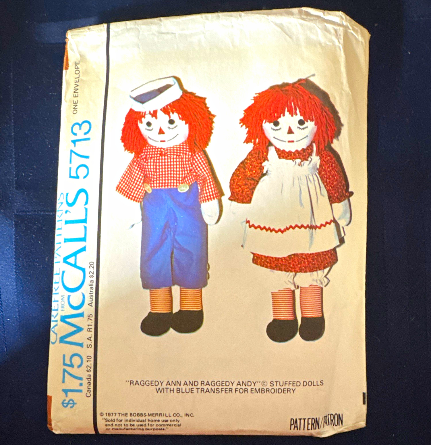 McCall\'s Vintage 5713 Raggedy Ann & Andy Doll Pattern w transfer new from 1977