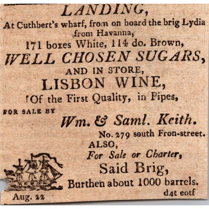 Well Chosen Sugars Wm. & Saml. Keith 1806 Philadelphia Clipping SAJ6-S13