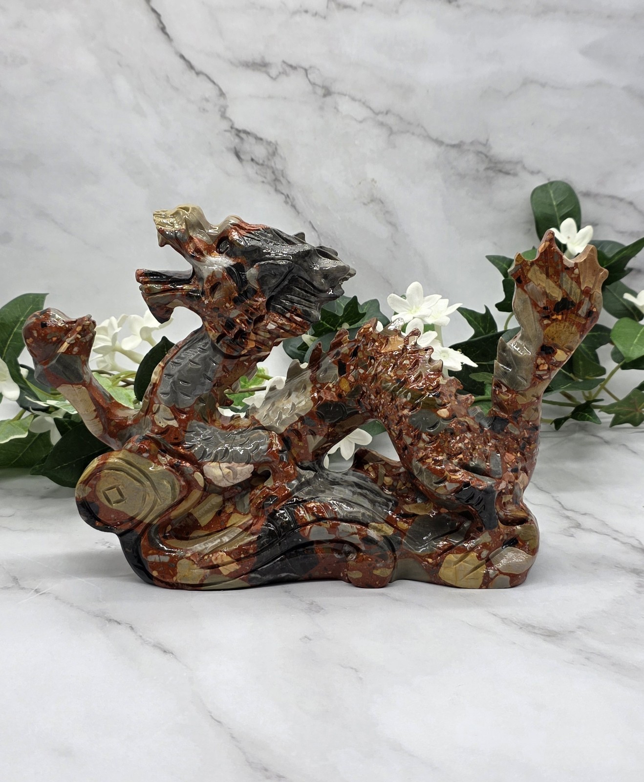 XL Brecciated Jasper Dragon 5.5 lb Large Feng Shui Dragon Statue Red Jasper Drag