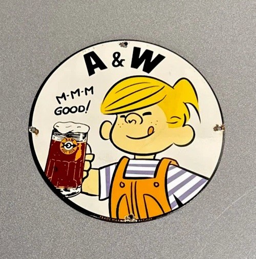 VINTAGE 12” A & W ROOT BEER DENNIS PORCELAIN SIGN CAR GAS TRUCK OIL MOTORCYCLE
