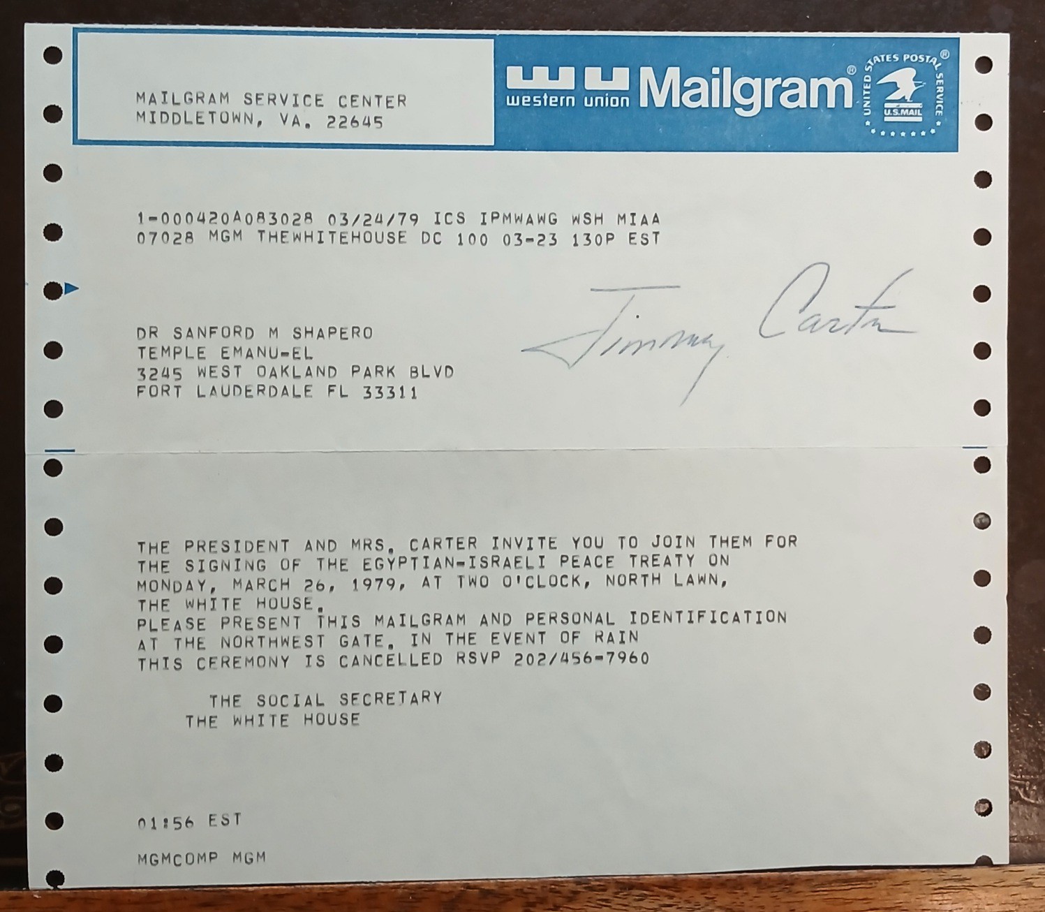 President Jimmy Carter Signed Invitation To Historic Israel/Egypt Peace Treaty 