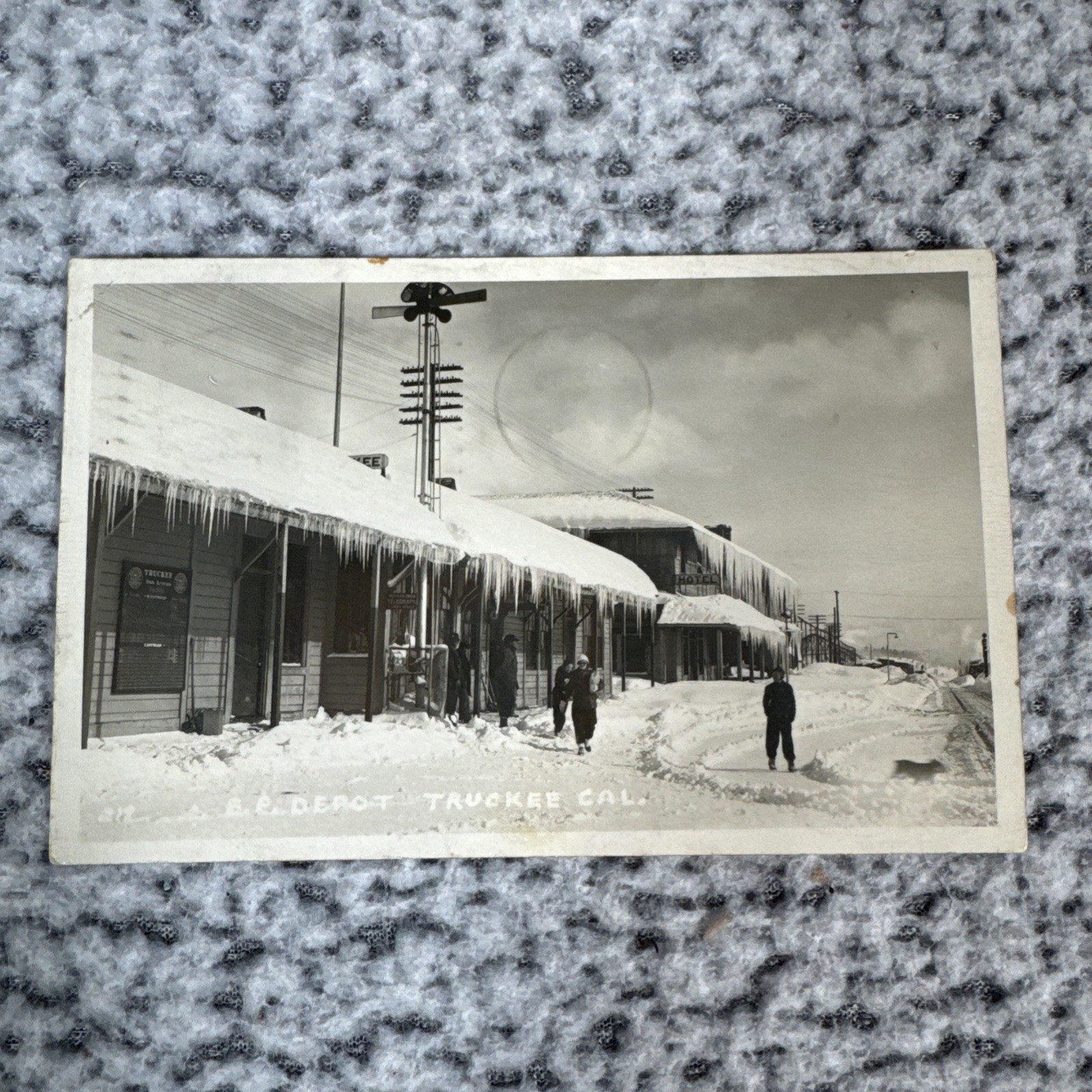 Vintage Truckee CA SP Railroad Depot Winter Snow RPPC Postcard 1948 Ice Icicles