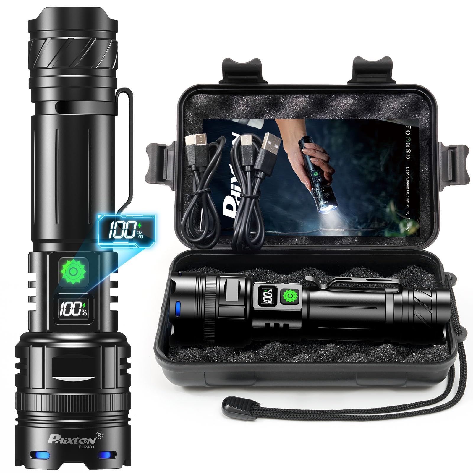 PHIXTON Rechargeable Flashlight High Lumens 100000 One Mode Mode, Black