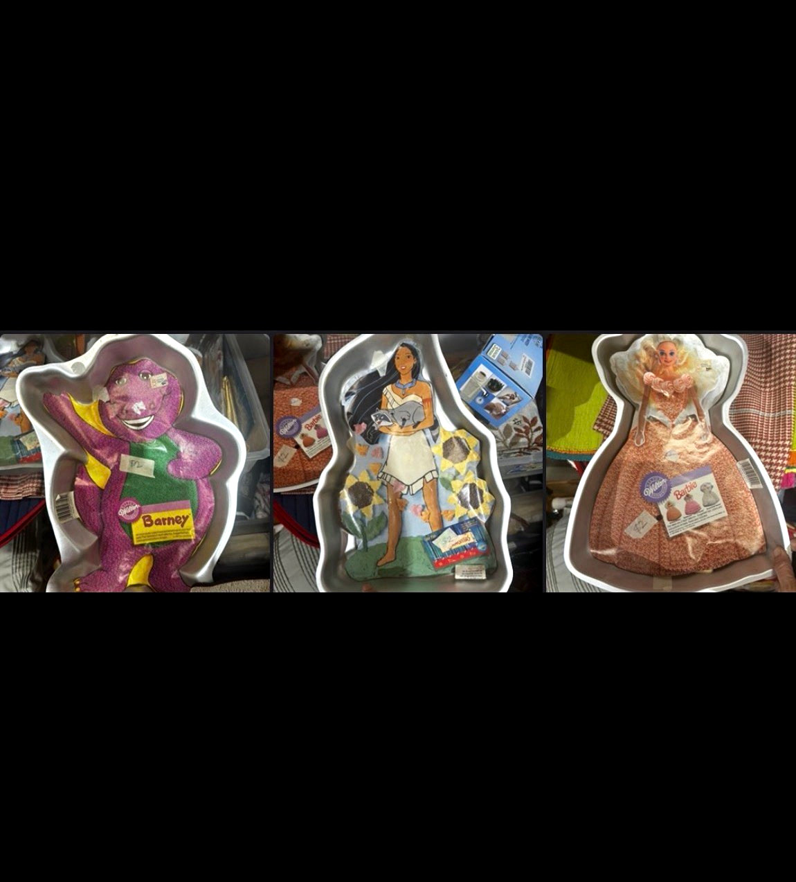Wilton Aluminum Character Cake Pans Lot of 3 Barney Barbie Pocahontas 1992 MINT