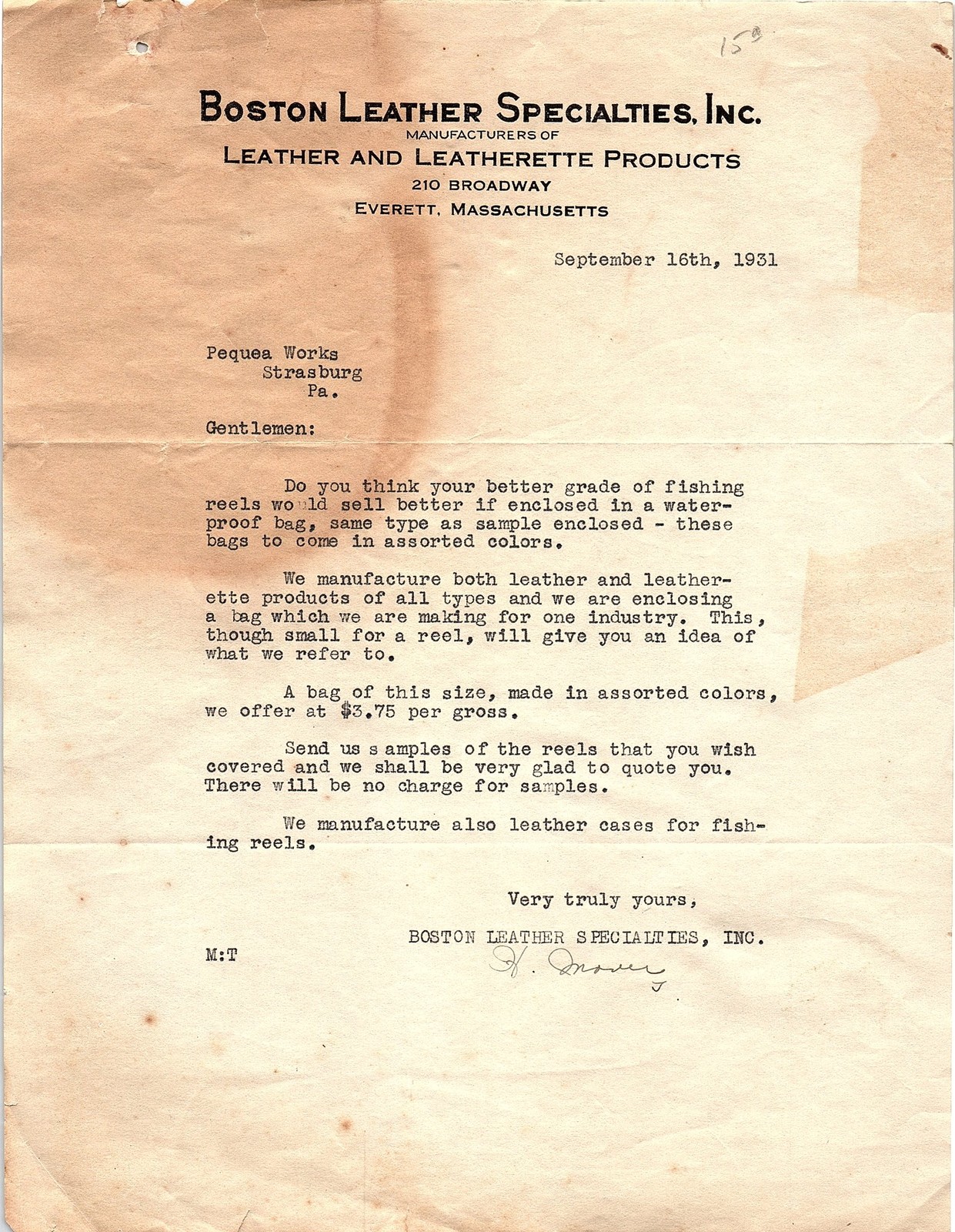 1931 Boston Leather Specialties fishing reel bags letter