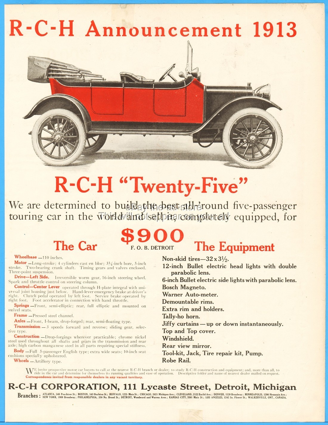 1913 RCH Corp Detroit MI Model Twenty Five Antique Automobile Open Car 1912 Ad