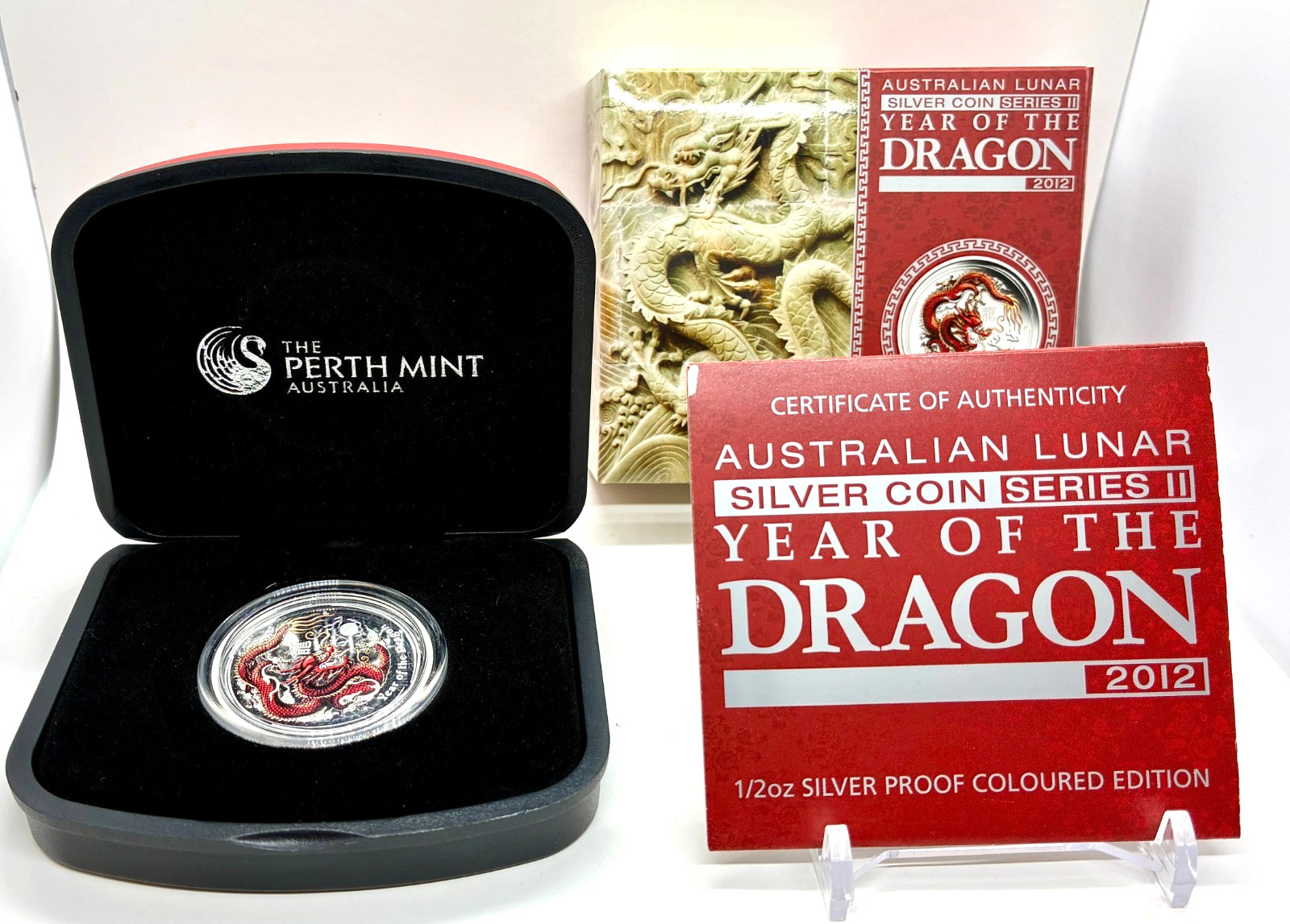 2012 AUSTRALIA YEAR OF THE DRAGON 1/2 OZ  COLORED PROOF SILVER COIN COA  DISPLAY