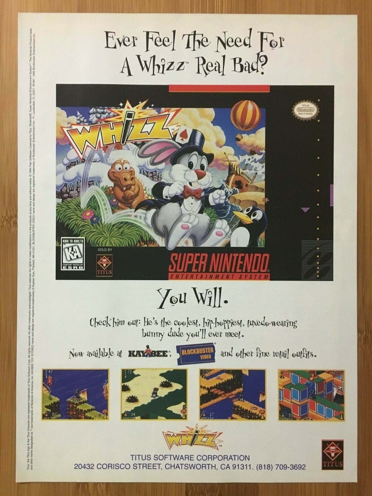 Whizz Super Nintendo SNES 1994 Vintage Poster Ad Art Print Official Promo Rare