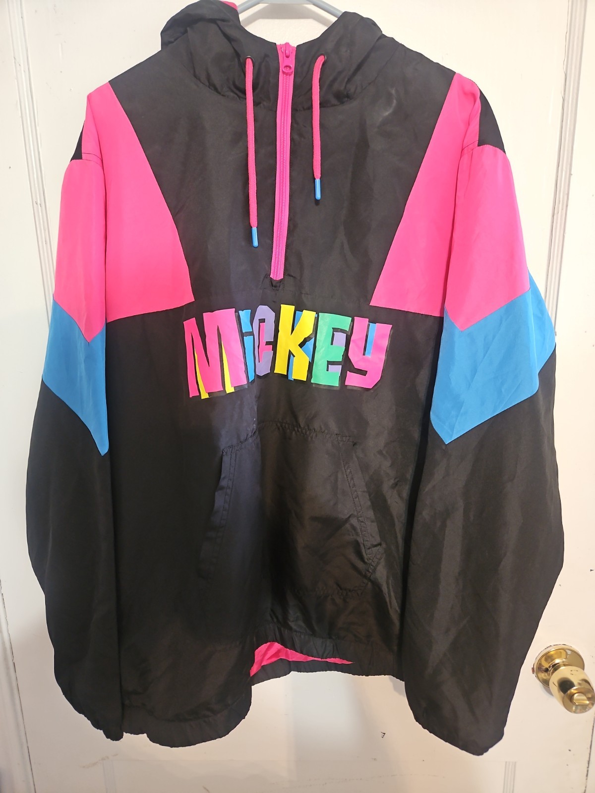 Vintage Disney Retro Mickey Mouse Windbreaker Jacket  1/3 Zip Hooded Size LARGE 