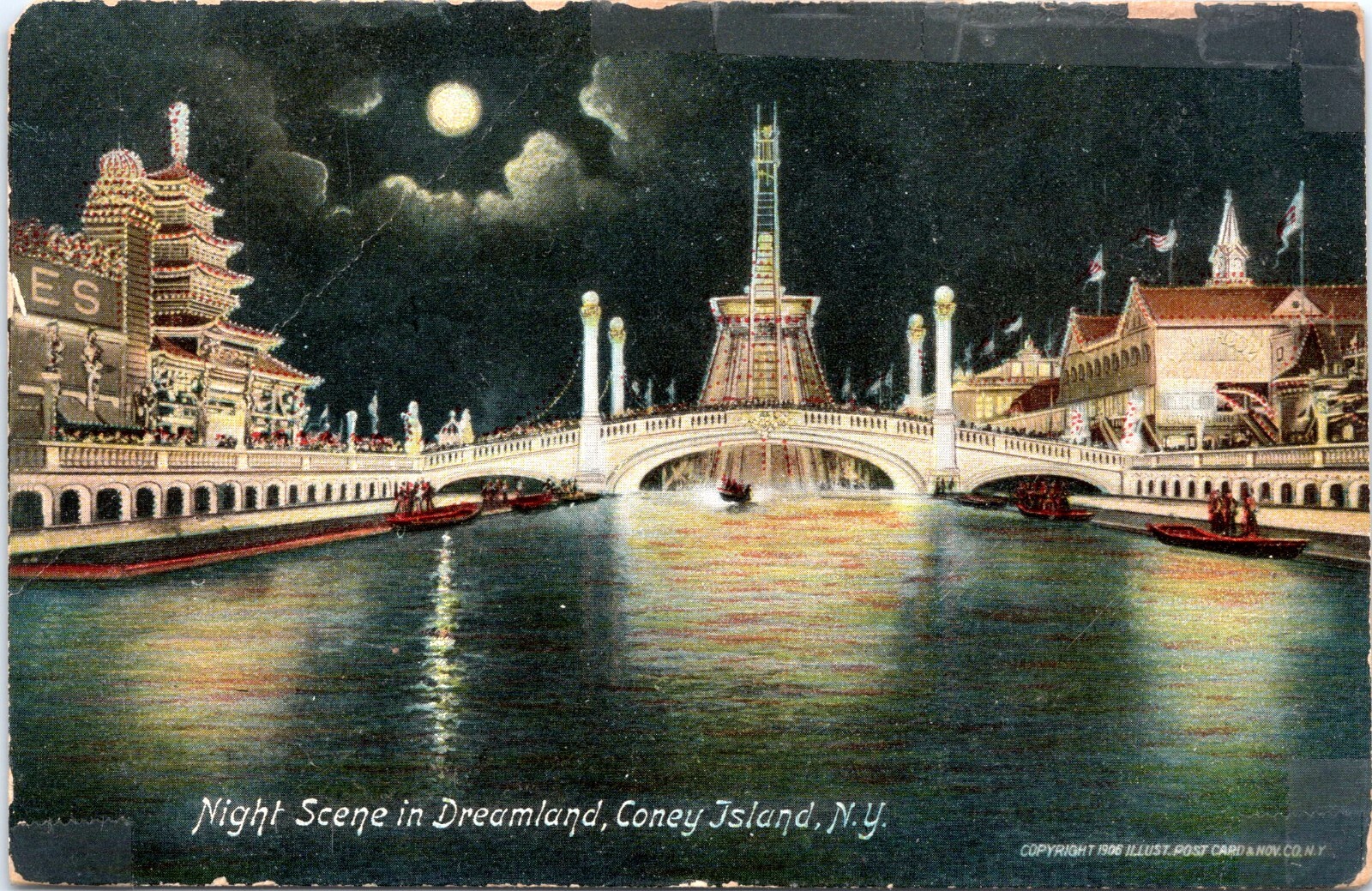 Dreamland by Night, Coney Island, New York - Vintage Divided Back Postcard- Moon
