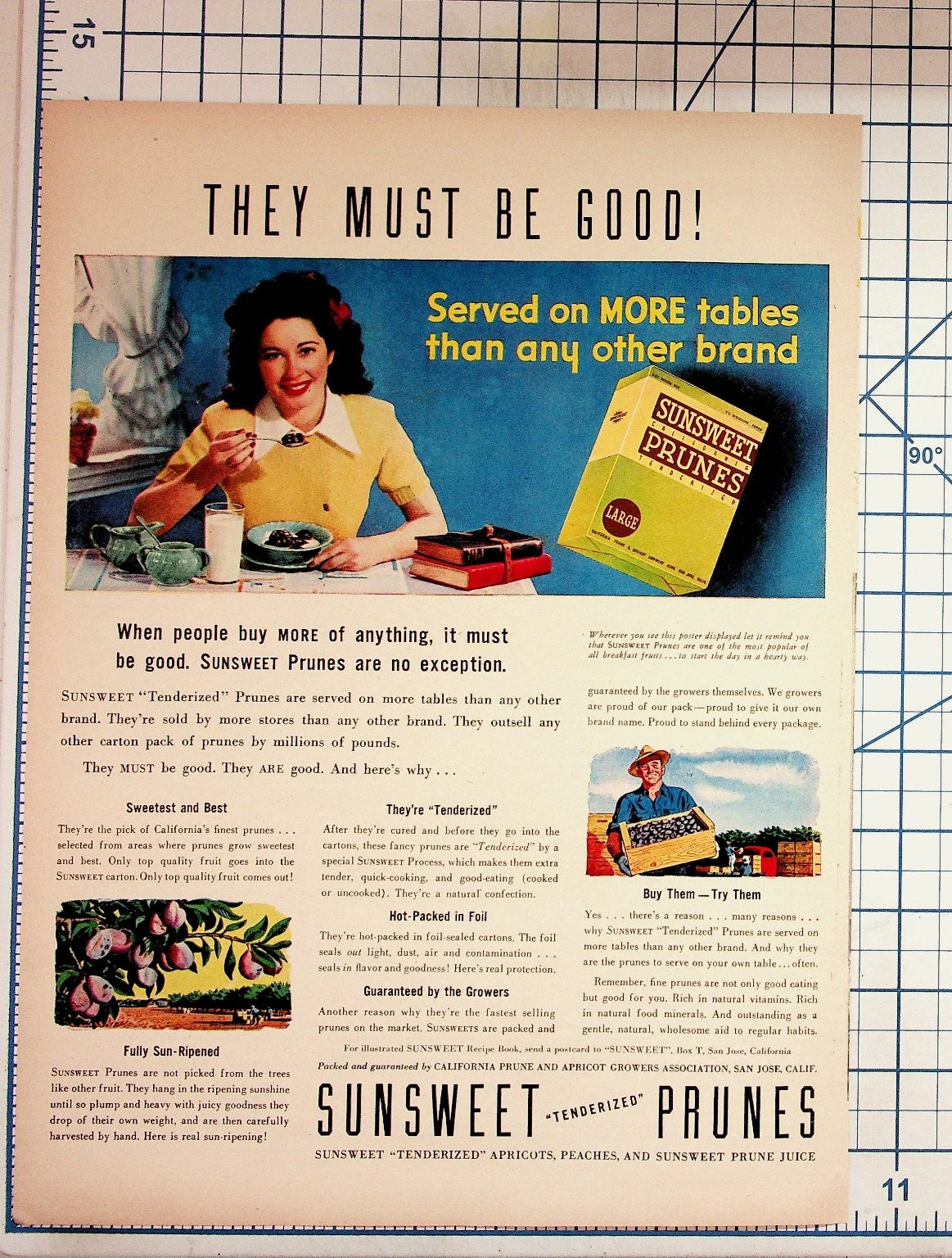 Vintage 1940s SUNSWEET Prunes Magazine Ad Woman Eating Fruit Ephemera