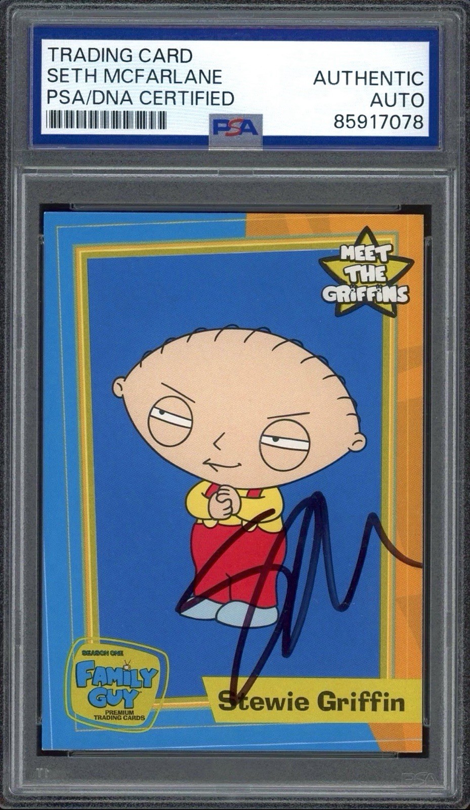 SETH MACFARLANE SIGNED CARD 2005 Inkworks Family Guy #7 Stewie Griffin RC PSA