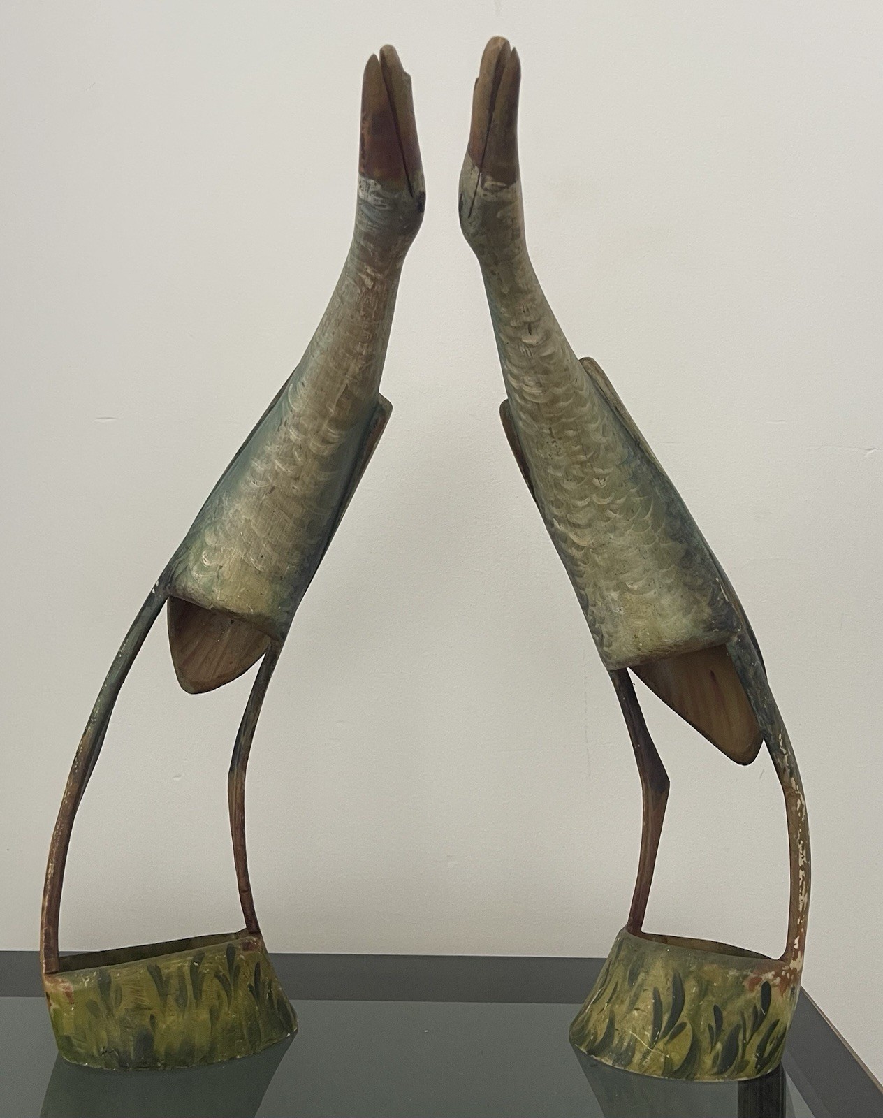 Pair Vintage Mid-Century Folk Art Painted Cow Horn Heron Sculptures 40cm