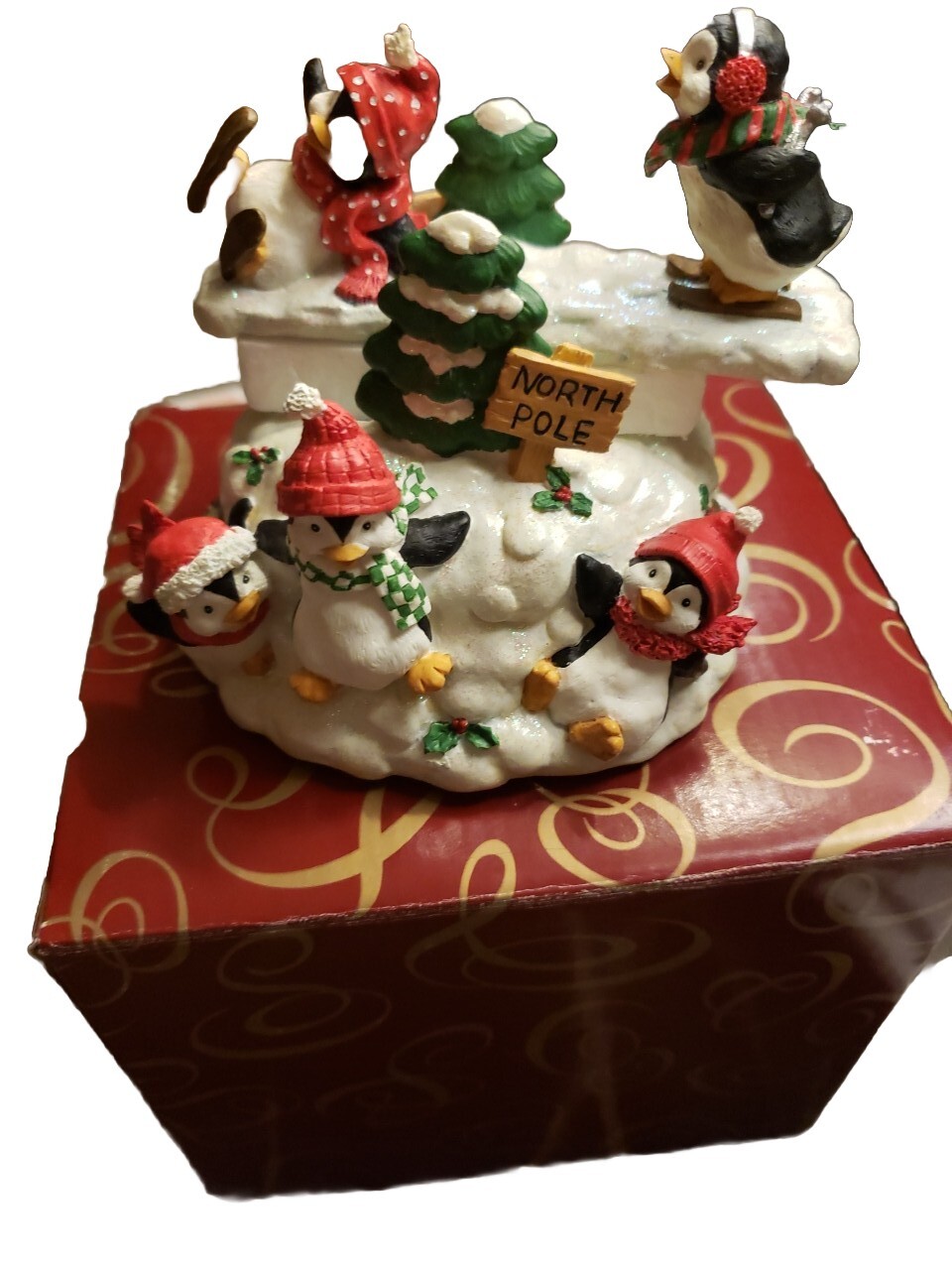 San Francisco Music Box Co Musical Christmas See Saw Penguins - NEW 1998 