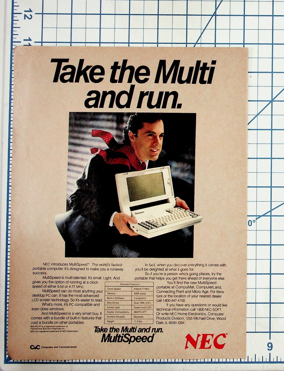 Vintage 1980s NEC MultiSpeed Laptop Computer Ad PC/XT Portable Ephemera