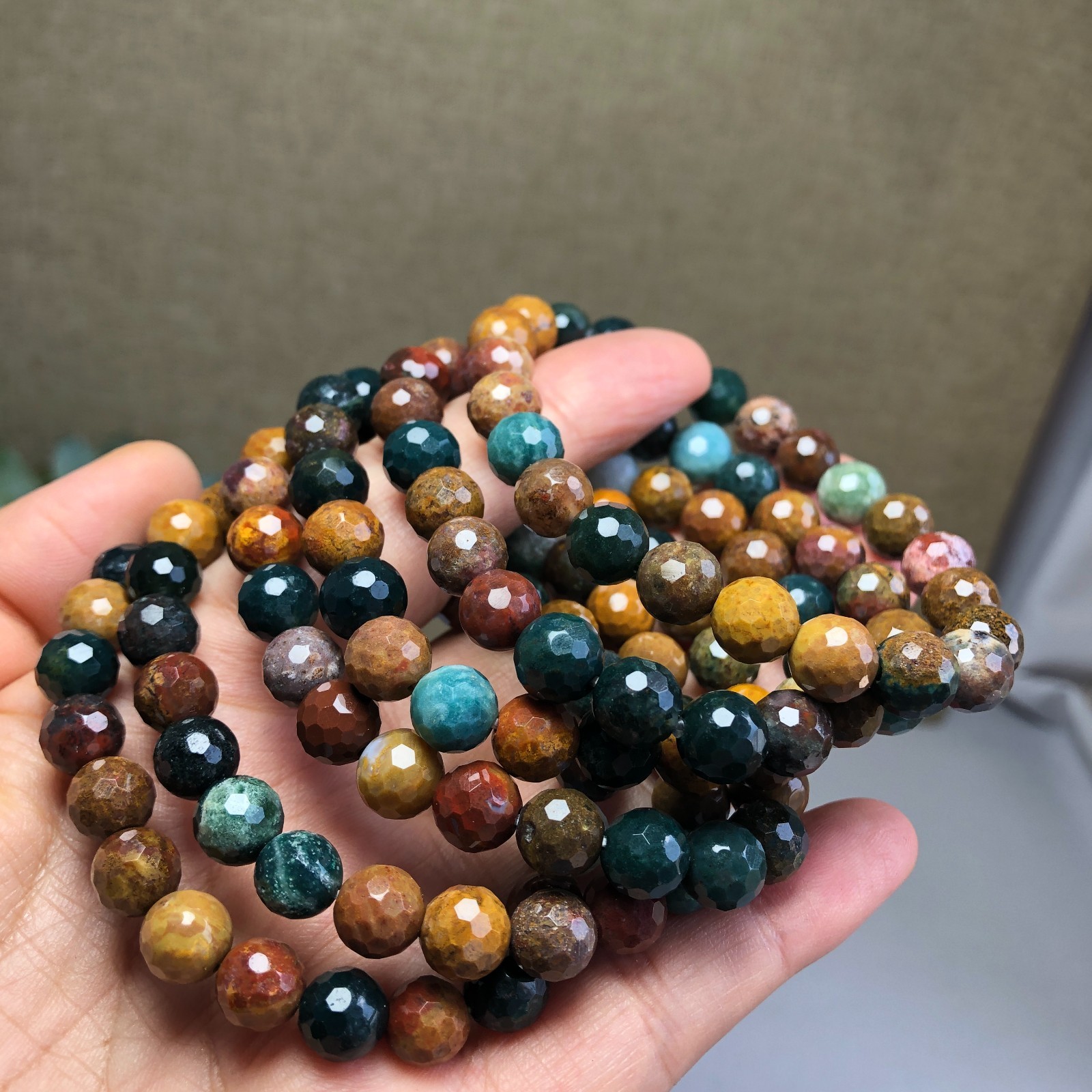 5Pcs Wholesal Natural Ocean Jasper  bracelets Crystal ball sphere facet 8mm