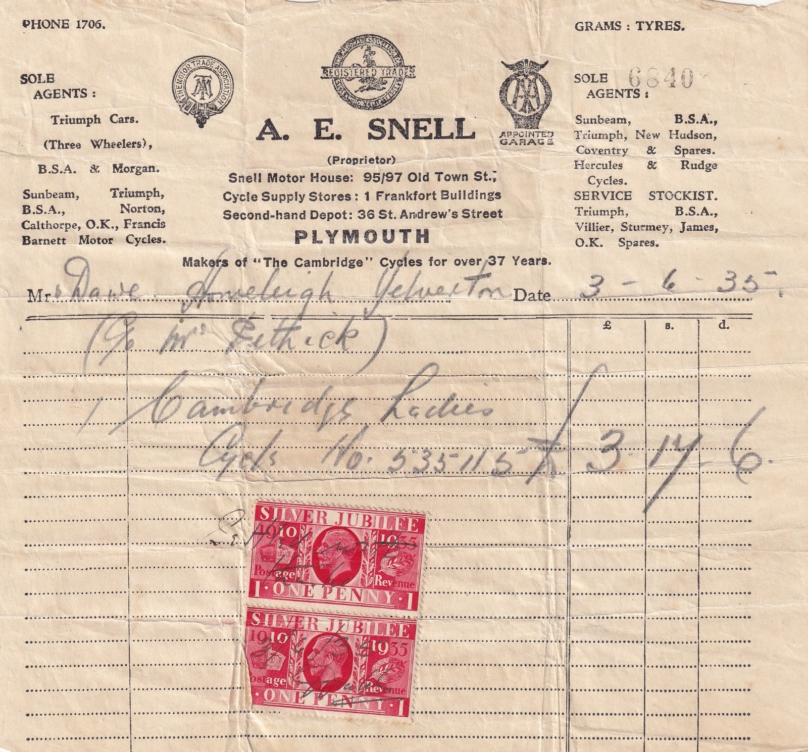 1935 Triumph BSA Morgan Dealer Invoice Plymouth England Silver Jubilee Pair