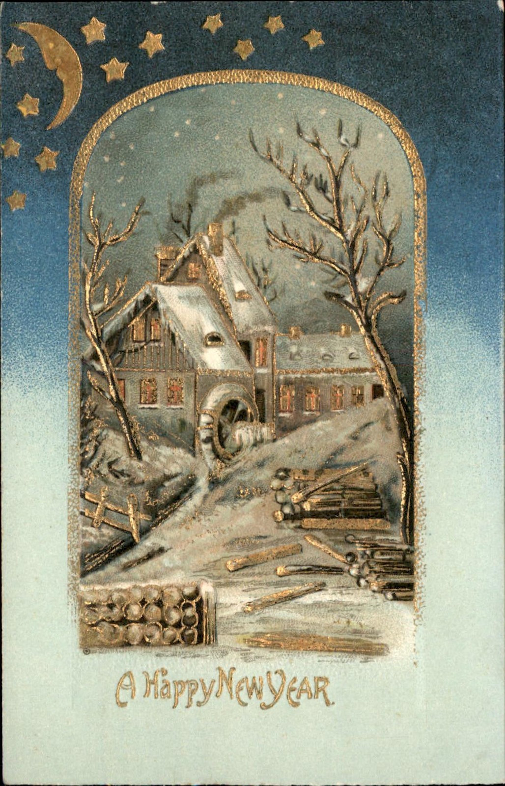 New Year's Snowy Cottage Scene Winter Scene A.S.B. c1900s-10s Vintage Postcard