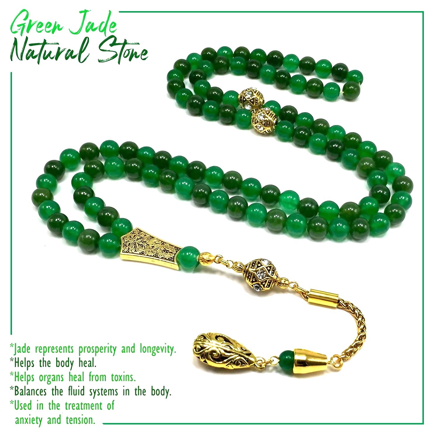 Green Jade Stone Prayer Beads Tesbih Tasbih Tasbeeh Misbaha (8mm 99 Beads)