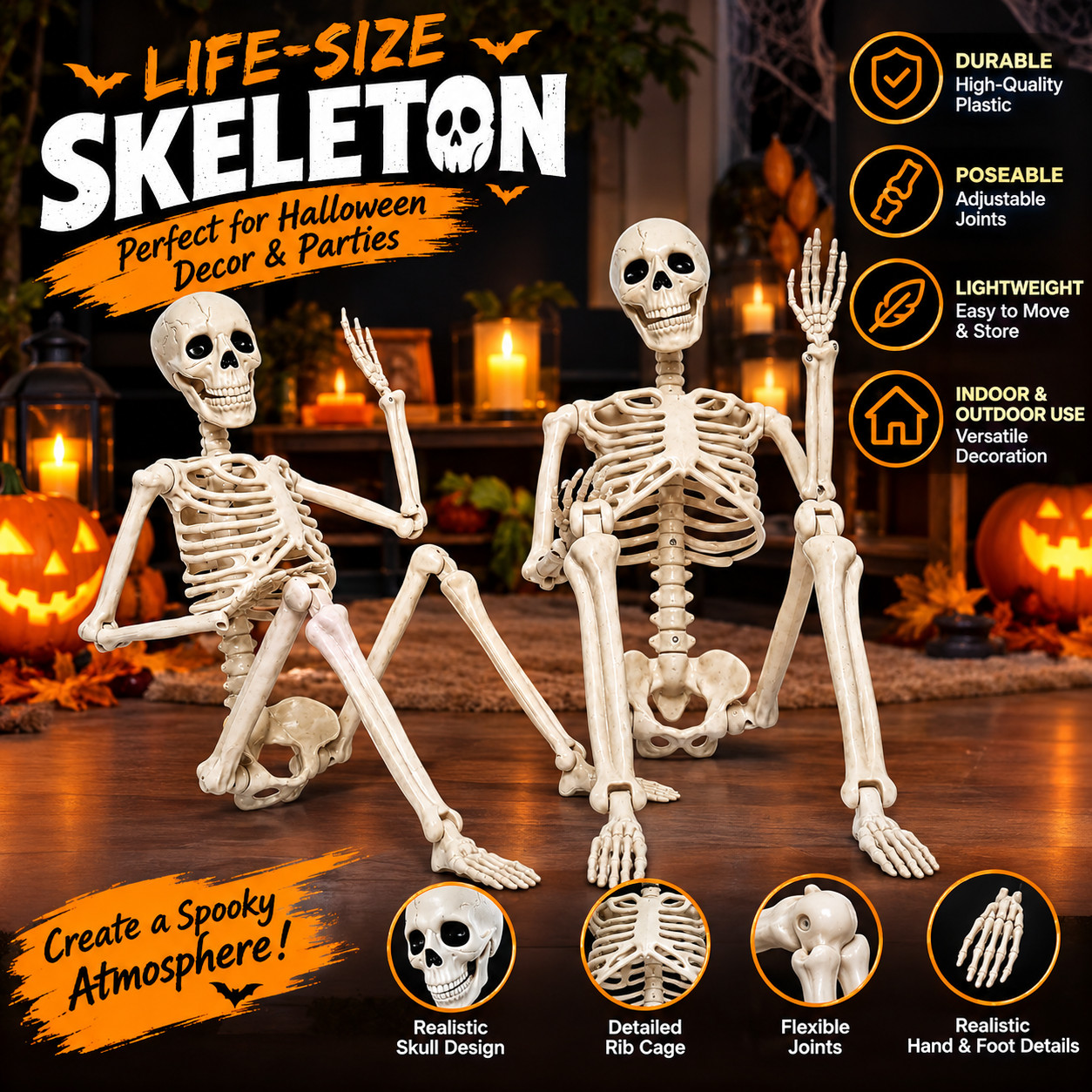2 Pack 36 Halloween Skeleton Life Size Posable Full Body Outdoor Decor 