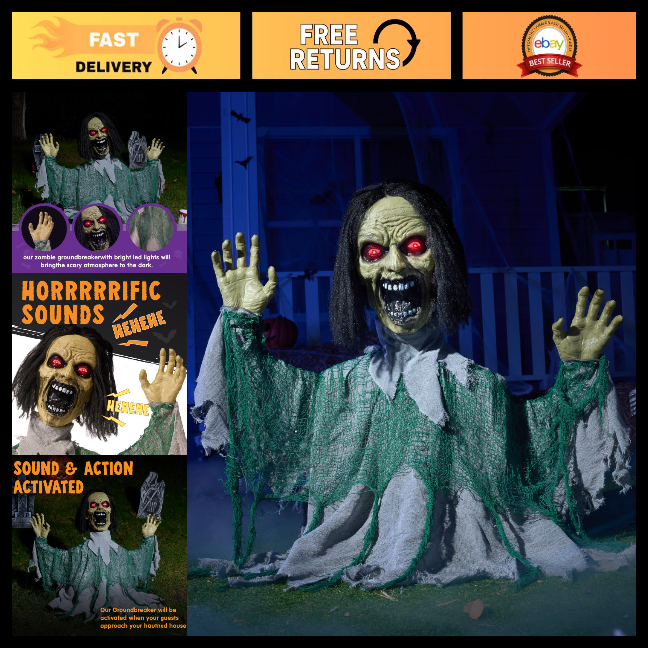 Halloween Animatronic Groundbreaker Zombie Decoration - Motion & Light-Up Eyes f