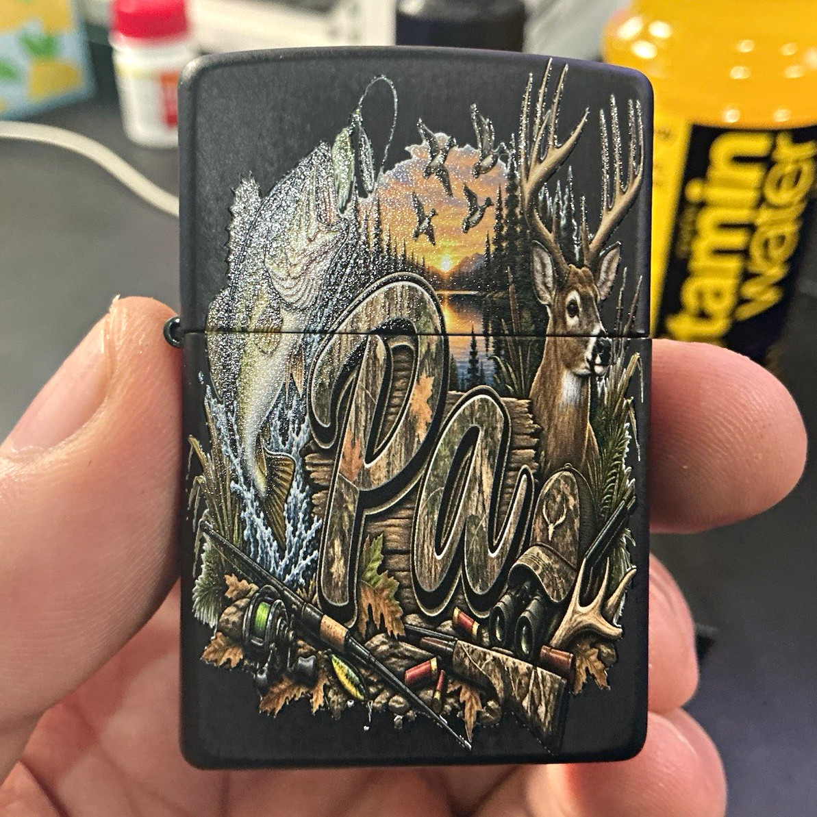 Zippo Made in USA Matte Black Lighter w/ PA Outdoor Hunting Fishing Deer Graphic
