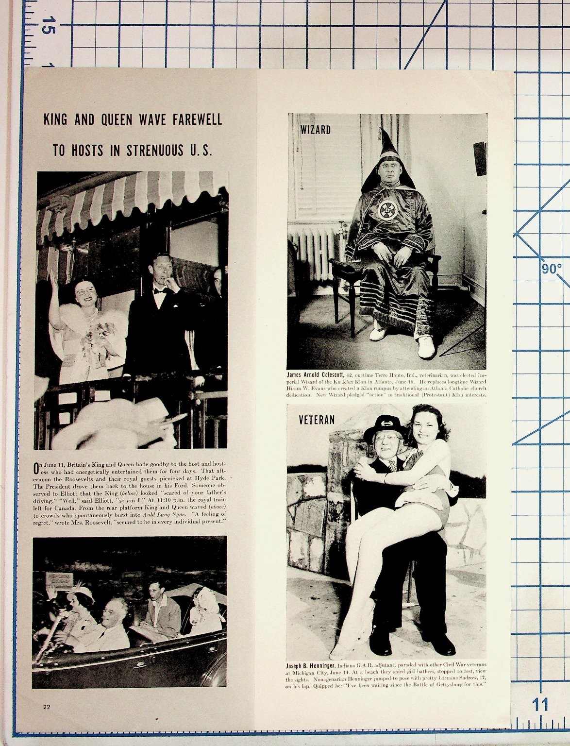 1939 King George VI Queen Elizabeth KKK Wizard Civil War Vet Vintage Print