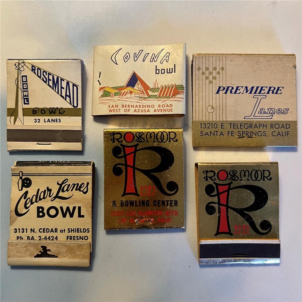 Vtg CA Bowling MATCHBOOK Lot 6 Covina Bowl Rosemead Cedar Lanes Rosmoor MCM