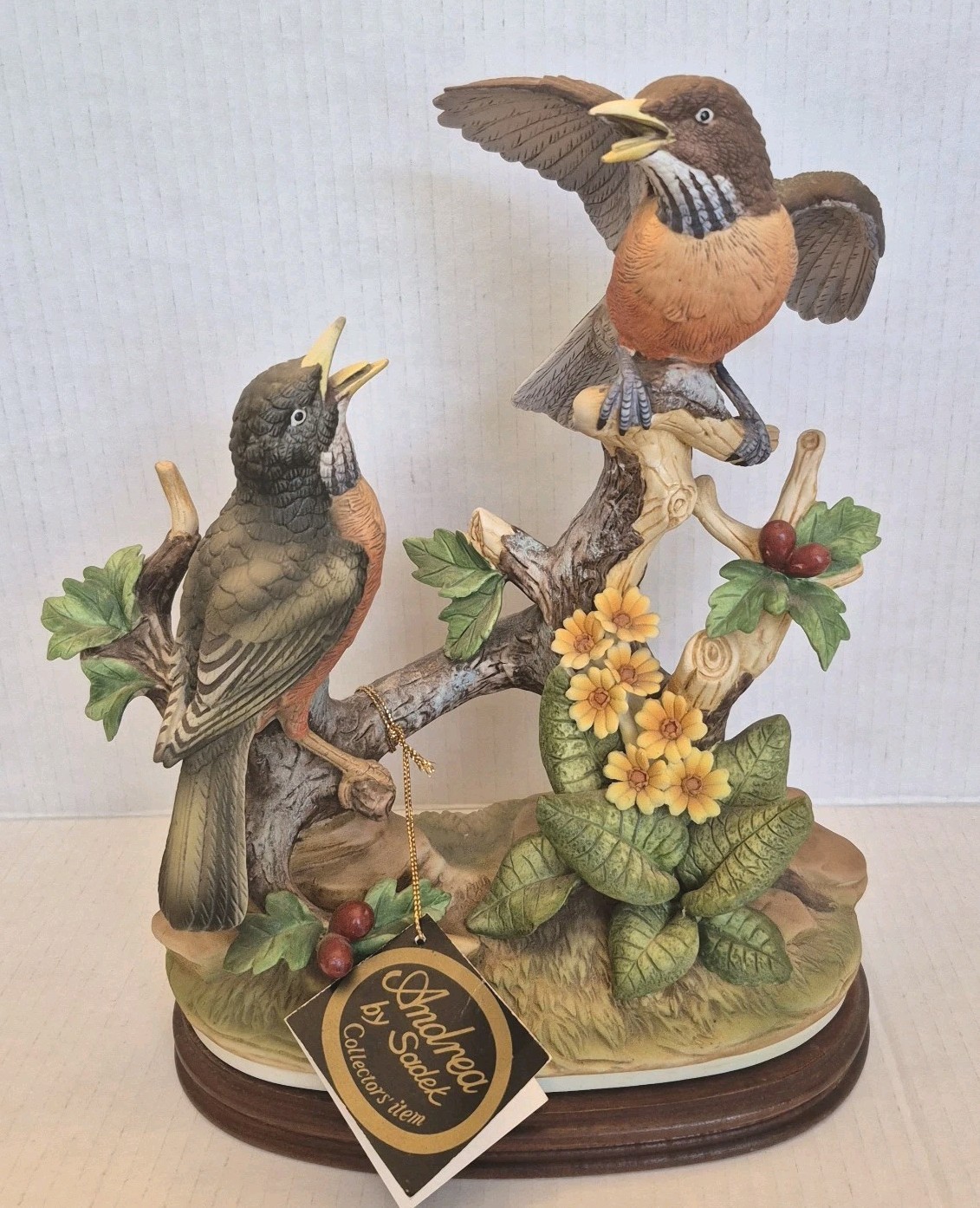 Vtg Andrea by Sadek Robin Bird Figurine Double Pair Wood Base Hand Painted Tag