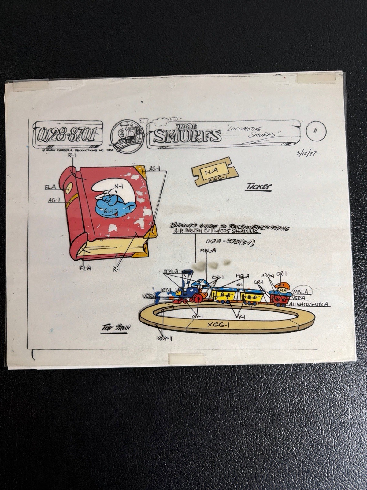 Vintage The Smurfs Production Cel Locomotive Smurfs Brainy Book 1987