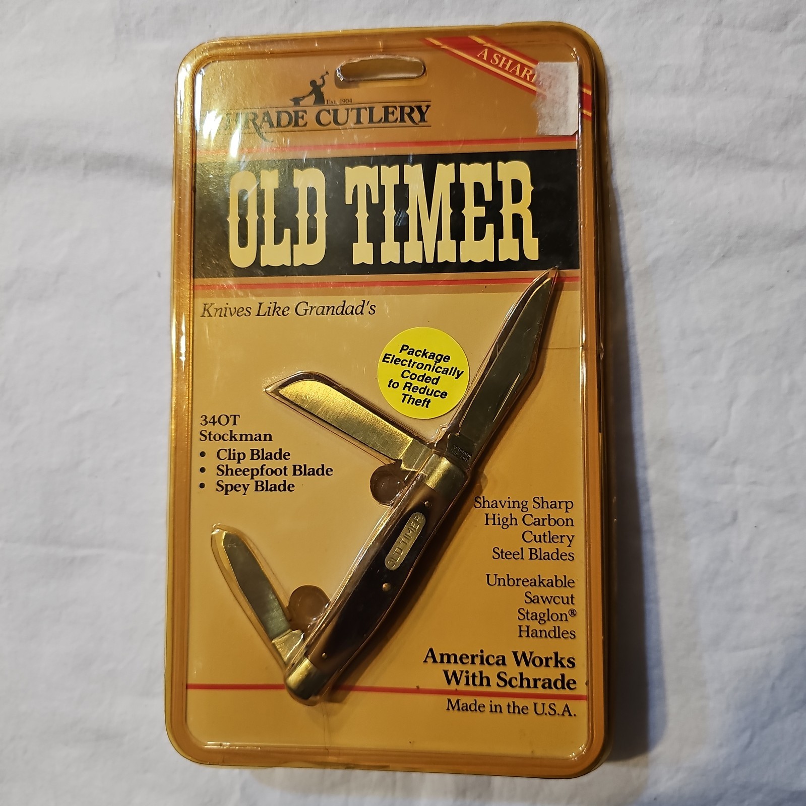 Schrade USA Old Timer 34OT Stockman Pocket Knife Package Is Yellowed New