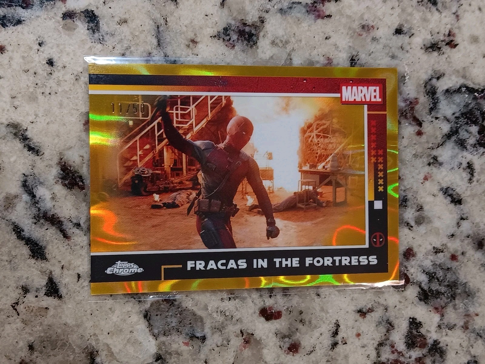 2025 Topps Chrome Marvel Deadpool #79 Fracas In The Fortress /50 Gold Raywave
