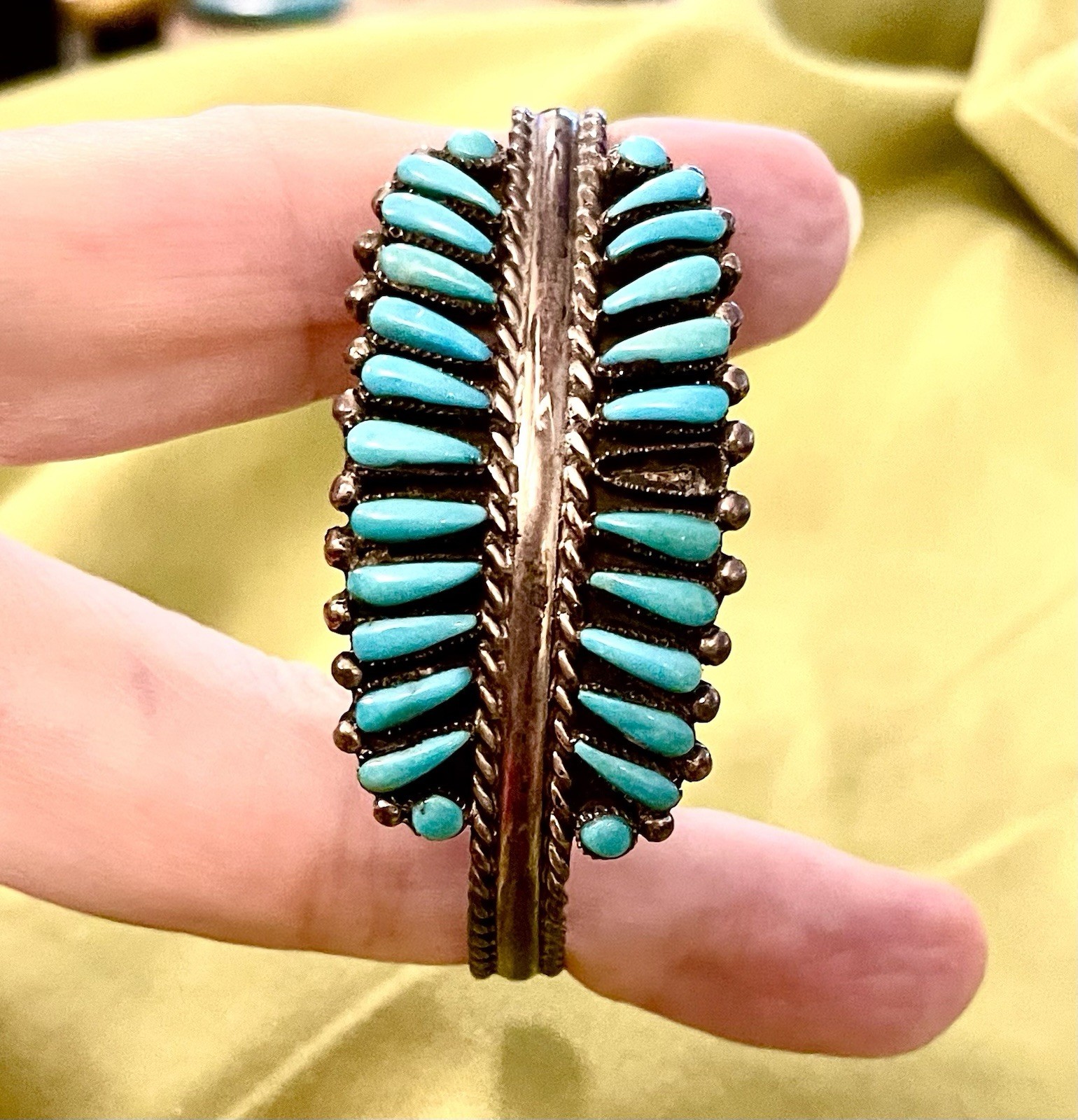 Signed “Je” Vintage Zuni Turquoise Silver Bracelet Cuff 6-1/2