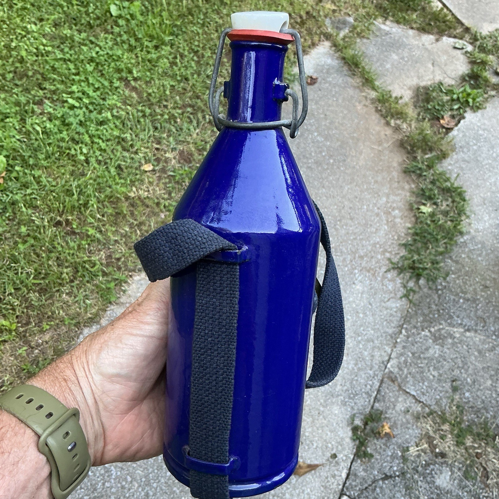 RARE PRE WWII DUTCH FLASK WITH STRAP COBALT-BLUE GRANITEWARE ANTIQUE MINT