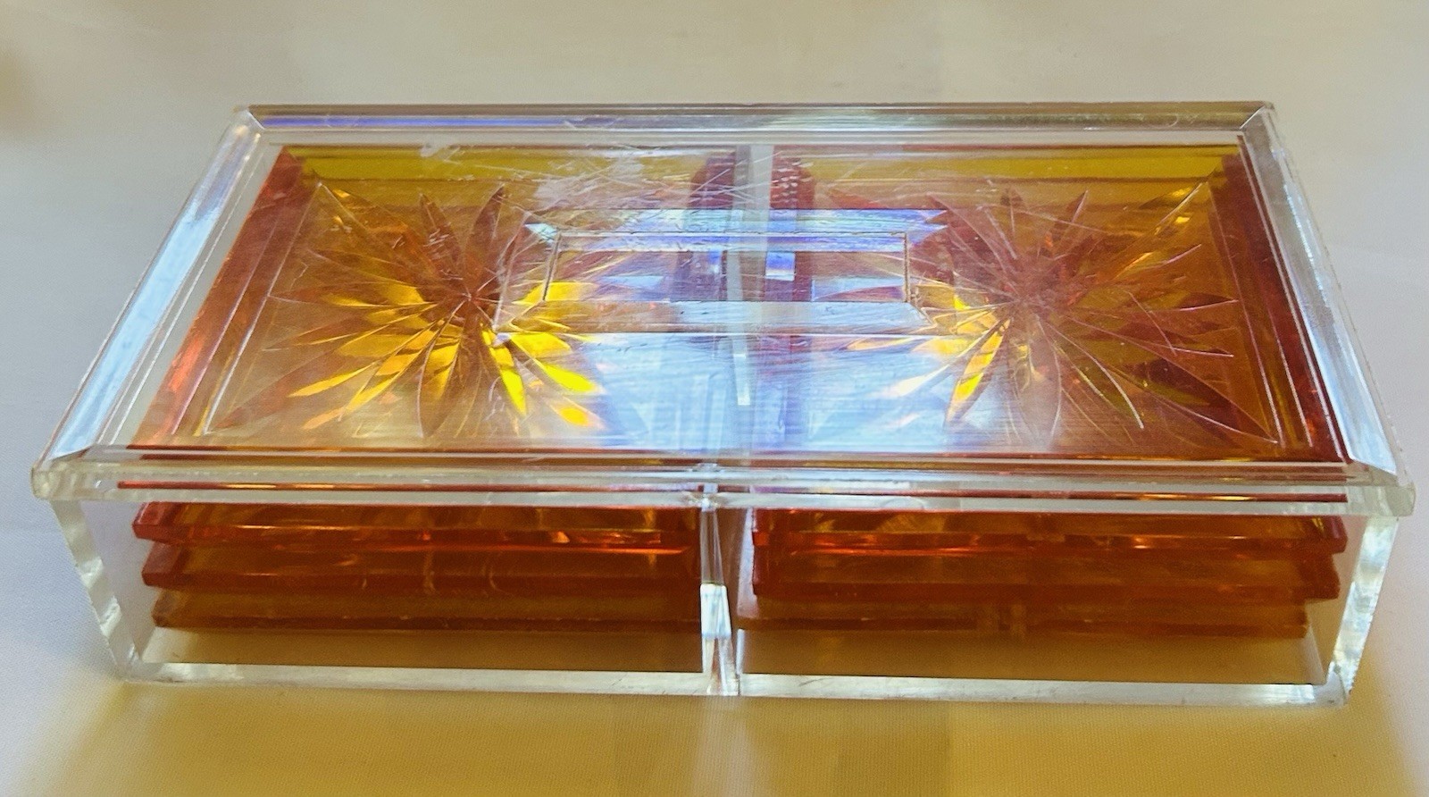 8 Acrylic Lucite Dek-O-Coasters Orange Starburst Mid Century MCM Vintage 60s 70s