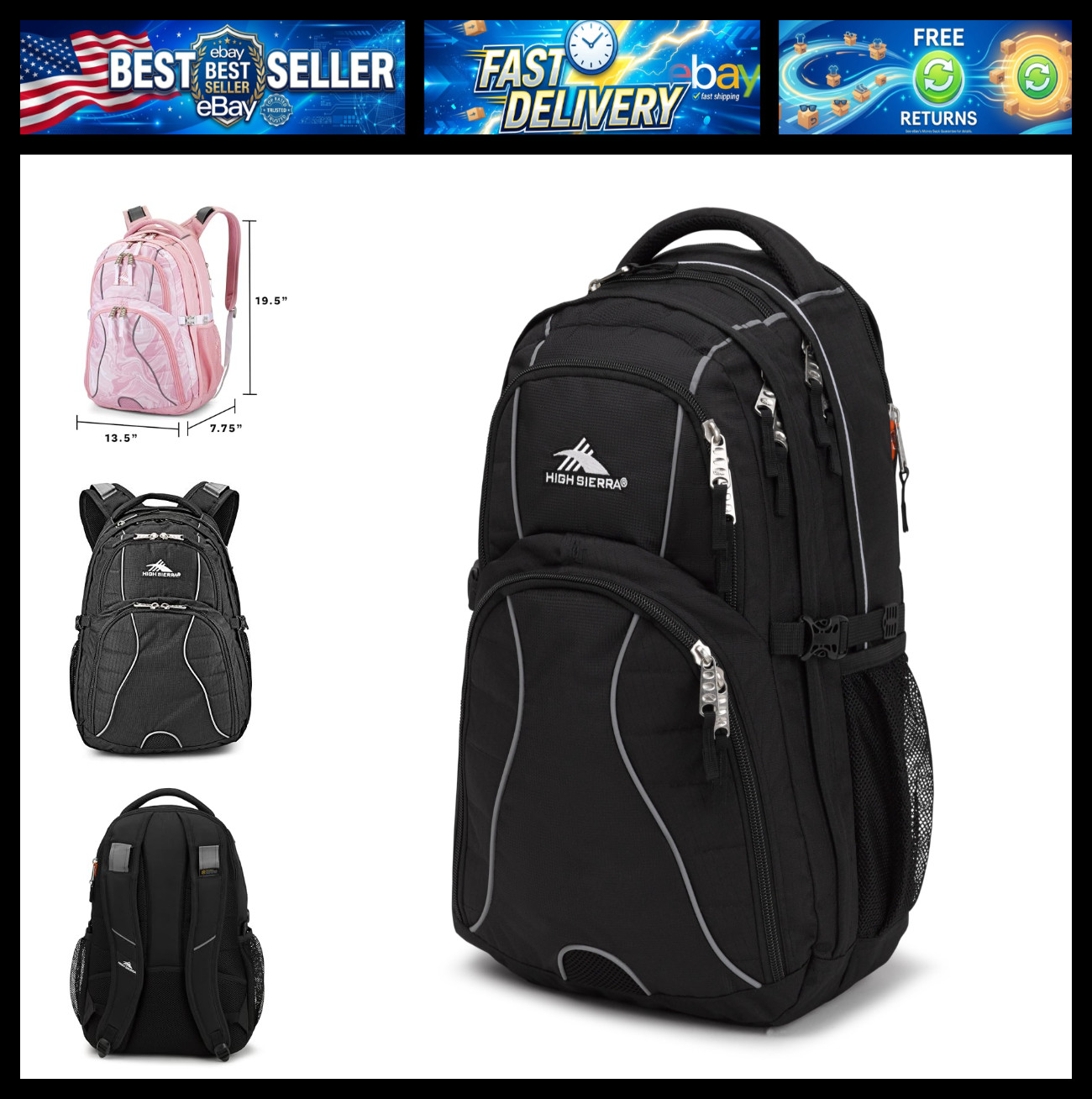 High Sierra Swerve Laptop Backpack, Black, One Size