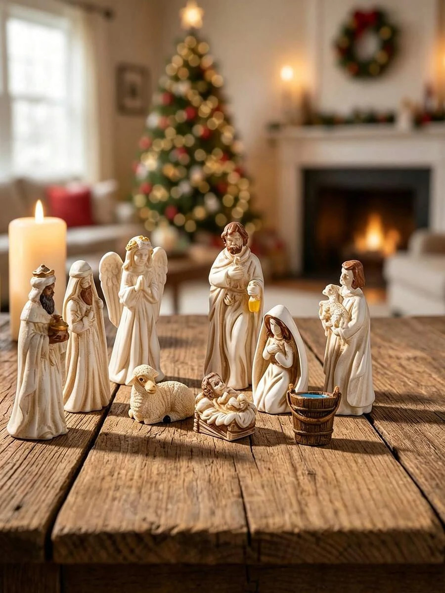 7PC Christmas Nativity Scene Set Jesus Mary Joseph Sheep Resin Figurines Decor
