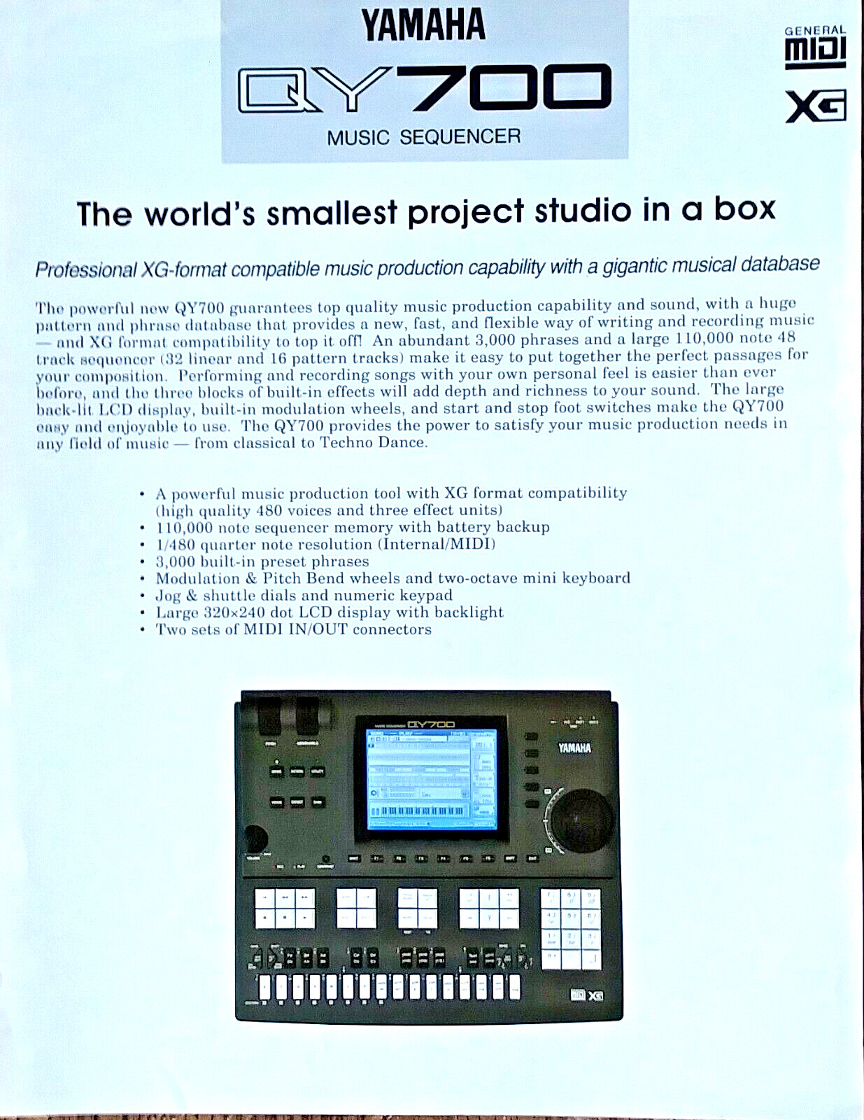 Original Yamaha Brochure for the QY700 Music Sequencer, Printed in Japan.