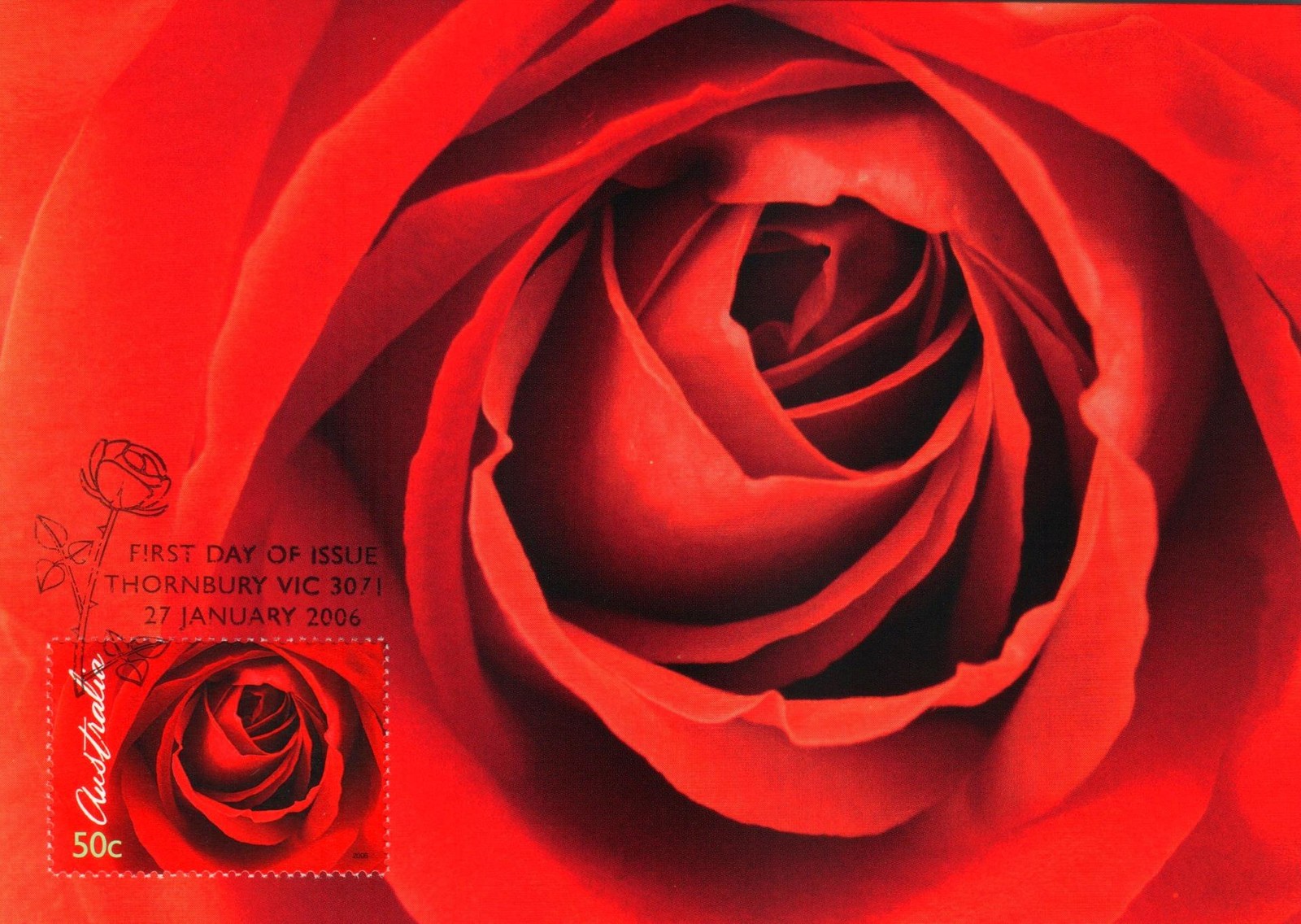2006 Australian Red Rose POSTCARD Maxicard FDI 50c Stamp CTO in Thornbury VIC