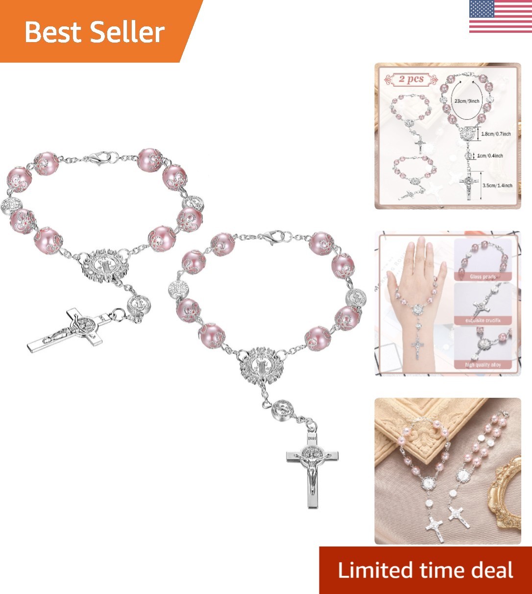 Elegant 2 Pcs Pink Car Rosary Set with Saint Benedict Cross for Rearview Mirror