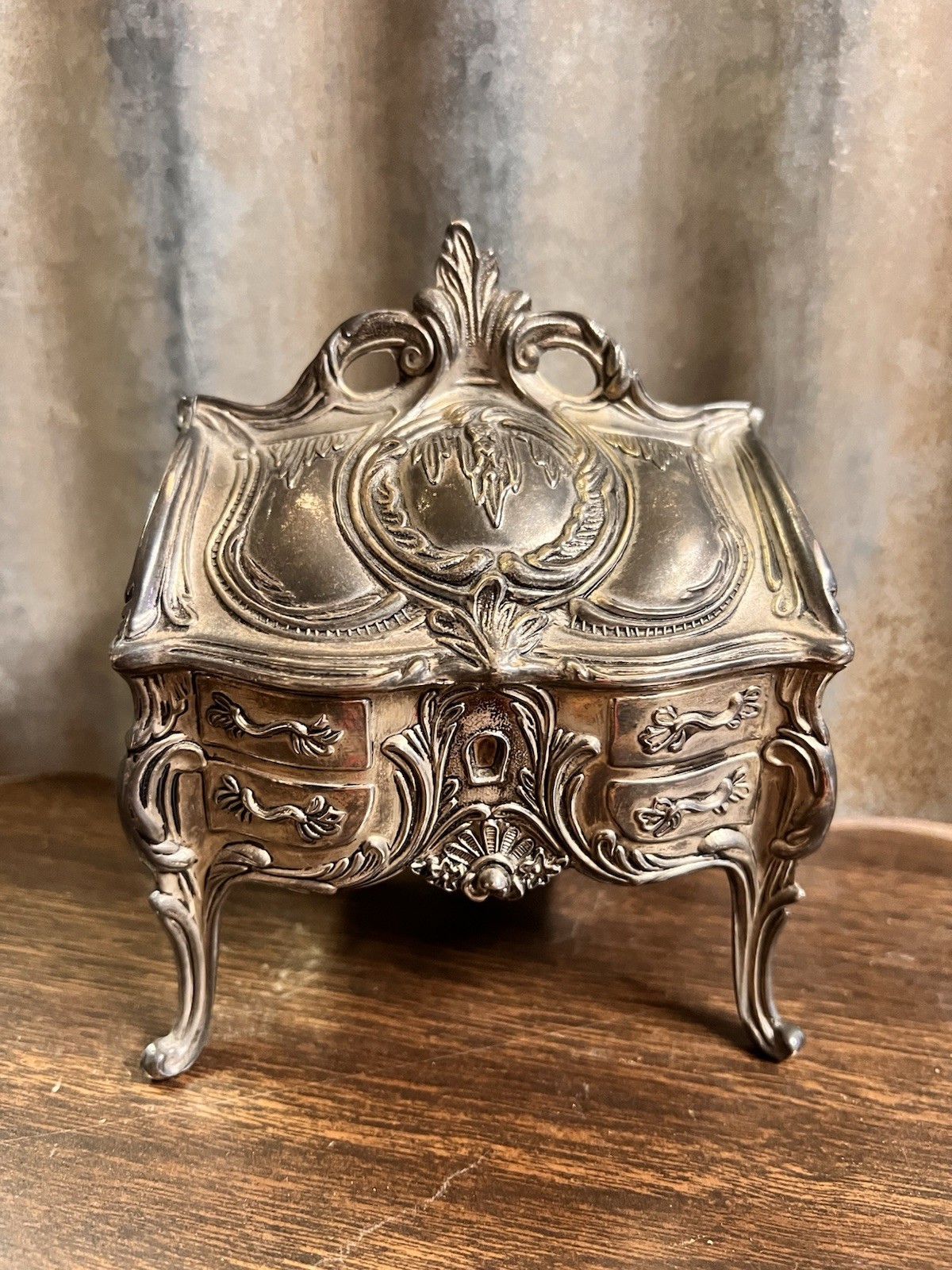 Antique French Art Nouveau Pewter Jewelry Casket Trinket Box doll Secretary