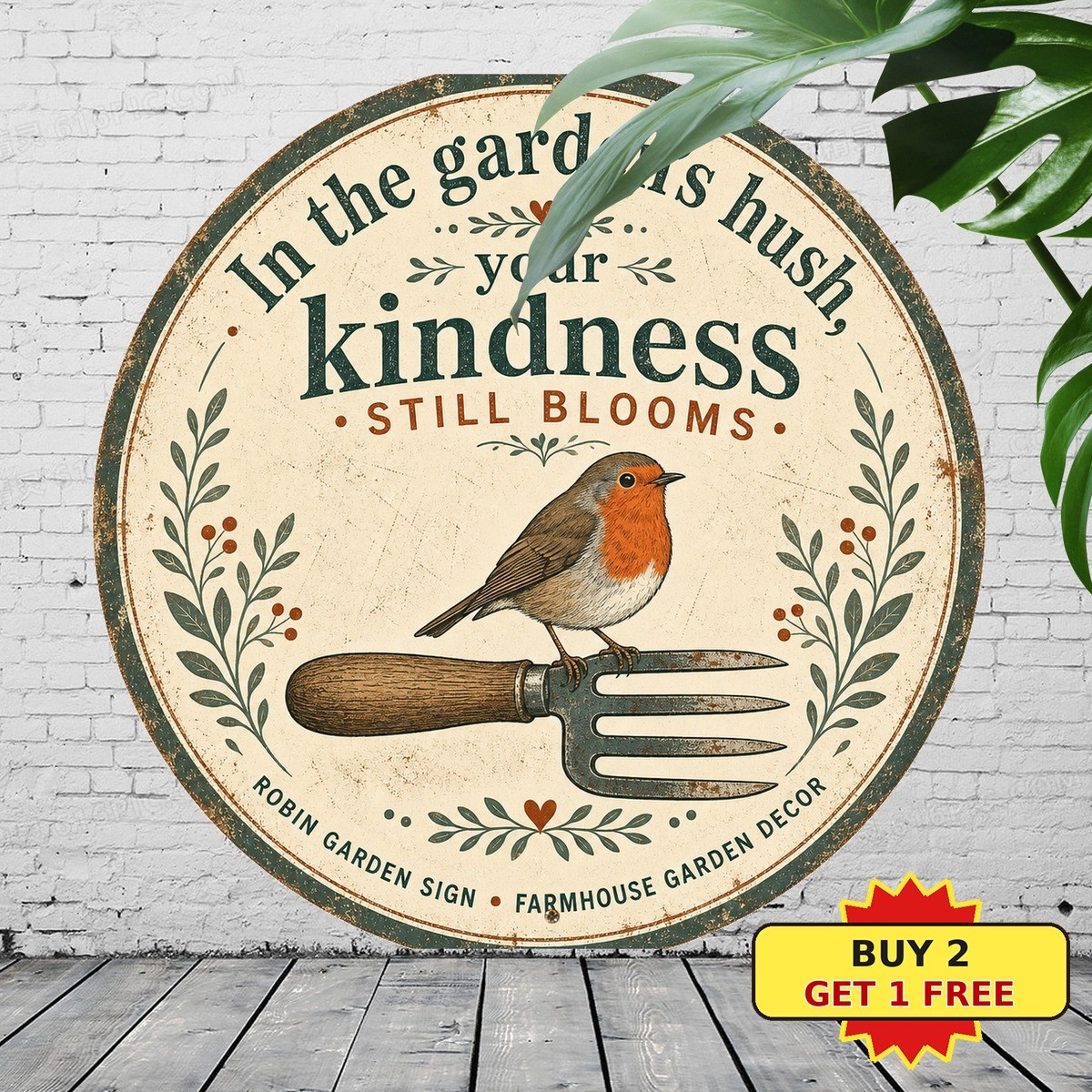 Robin Bird In Garden Round Tin Sign 8x8 Springtime British Wildlife Wall Decor