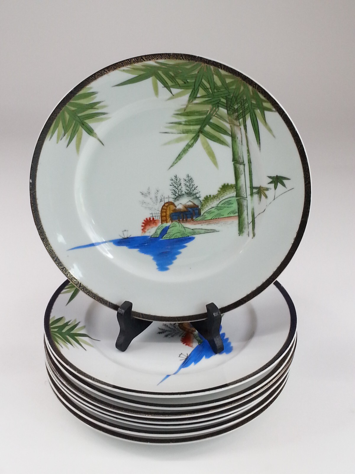8 Vintage Hayasi Fine China Kutani Dinner Plates Asian Scene