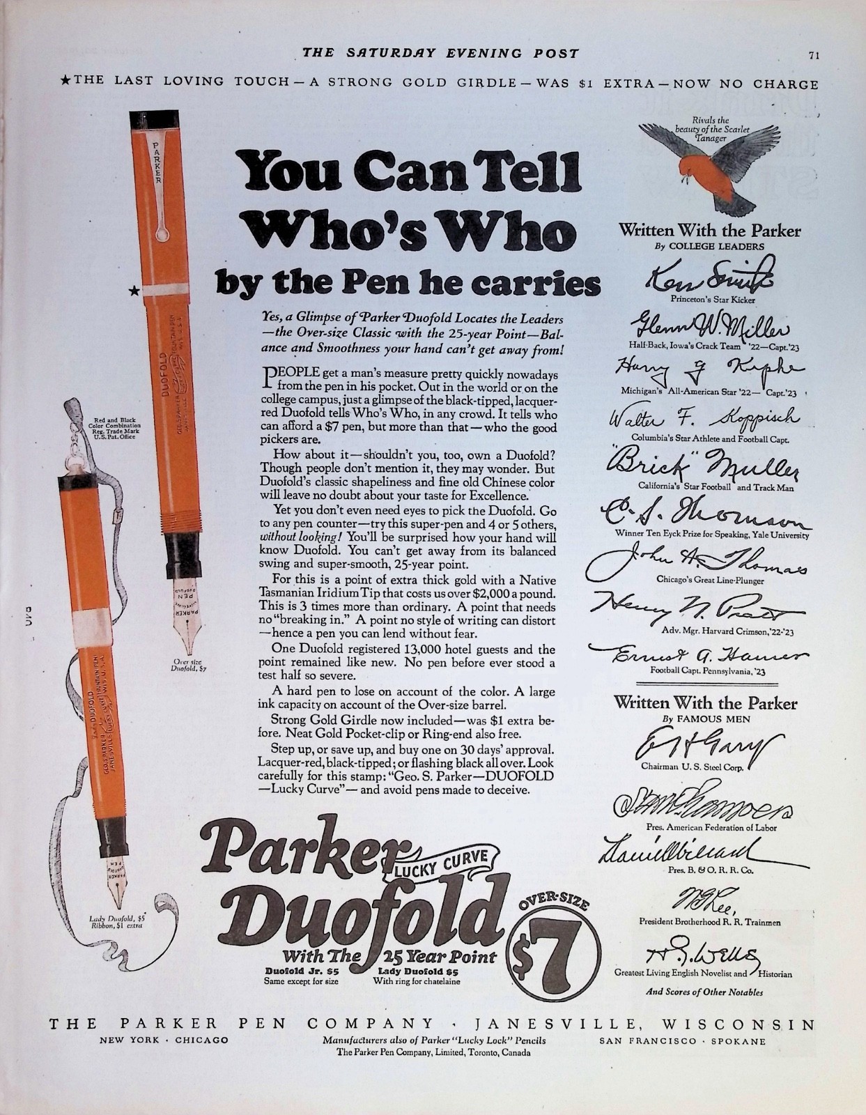 Original 1923 Parker Duofold Fountain Pen Ad: Famous Autographs & College Stars