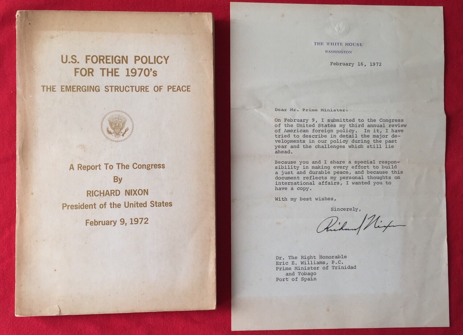 Richard Nixon Letter/Book Dr. Eric E. Williams PM Of Trinidad - 1972 - POLICY